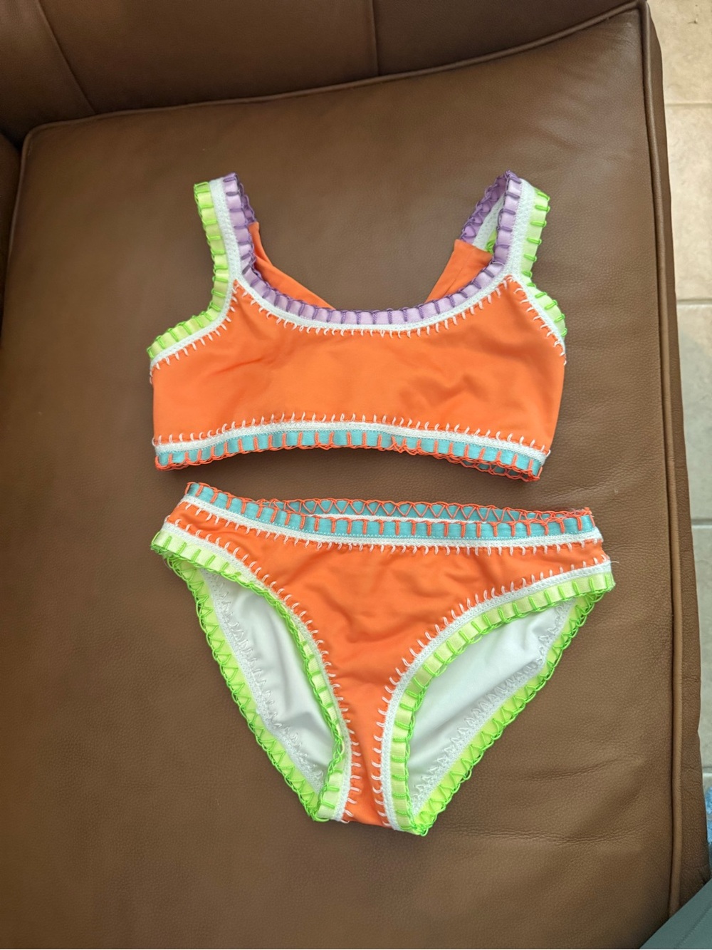 Girls Orange Crochet-Trim Two-Piece Swim Bikini